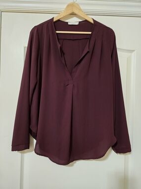 Lush Deep Plum Split-Neck Long Sleeve Sheer Flowy Blouse